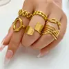 Anel de corrente de aço titânio estilo ins da Amazon, coroa de corrente, anel de aço inoxidável banhado a ouro de forno 18K, atacado