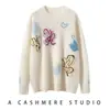 Suéter de Cashmere para Mulheres, Novo Estilo, Gola Redonda, Jacquard Borboleta, Pulôver, Manga Longa, Caimento Solto, Suéter de Tricô Bordado, Suéter Base