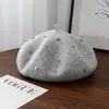 Boina de Lana Cosida a Mano con Decoración de Piedras para Mujer, Sombrero de Artista Casual Versátil para Invierno, Elegante y Cálido Sombrero de Calabaza