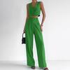 Conjunto de Duas Peças Verde com Colete Curto Sem Mangas e Calça Longa Estilo Europeu e Americano para o Dia a Dia Outono 2026 Design de Comércio Exterior Conjunto de Algodão e Linho