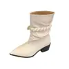 Botas Western Cowboy Retrô Cano Médio 2026 Outono/Inverno Novas Bico Fino Salto Bloco franzidas para Mulheres