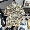 Camisa de Gola Cubana com Estampa de Flor Thai para Praia de Verão em Seda Gelada Roupas do Sudeste Asiático Roupa de Praia para Meninos Férias na Ilha