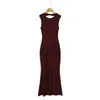 Vestido Moda Europeia Temperamento Elegante Gola Redonda Sem Mangas Fluido com Cinto Feminino Pregueado Emagrecedor Mostra Magro Formal