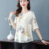 Nueva Blusa de Gasa Talla Grande, Nuevo Top Estampado de Alta Gama que Cubre el Vientre, Holgado y Moderno para Madres de Mediana Edad, Estampado Adelgazante