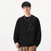 Roupas Masculinas Fengshe / Moletom Pesado 400g Listrado para Homens, Estilo Americano, Gola Redonda, Bolso no Peito, Casual Solto, Blusa de Manga Longa para Outono e Inverno