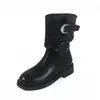Botines de hebilla retro de piel de vaca para mujer, punta redonda, tacón grueso, botas de montar, botas de vaquero western, botines plisados versátiles