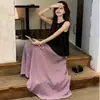Saia Fluida, Solta e Versátil, Colete Preto sem Mangas, Saia Plissada Feminina de Verão em Linha A, Conjunto de Duas Peças
