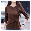 Camisa base de veludo canelado para mulheres, peça de outono de manga longa, T-shirt modeladora e versátil, top irregular estiloso que afina a cintura