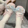 ZapatosLolita Originales Candy Tata Star y Carillón de Viento con Encaje y Moño de Caramelo Planos Lolita de Punta Redonda