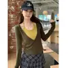 Camiseta de Manga Larga de Color Contrastante para Mujer a Principios de Otoño, Muy Bonita, Nuevo Estilo 2025 Camiseta Estilo Coreano Top de Cuello Halter
