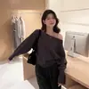 Suéter de Punto Rosa Estilo Coreano de Manga Larga sin Hombros para Mujer, Capa Base para Otoño e Invierno, Suéter de Moda que Reduce la Edad, Top que Muestra los Hombros