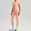 Camiseta Deportiva de Color Sólido de Tacto Natural Amigable con la Piel de Manga Corta de Alta Elasticidad Pantalones de Yoga de Cintura Alta Conjunto de Fitness 8609