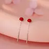 Pendientes de botón de Plata Pura S999 con Forma de Frijol Rojo, Estilo Nuevo de Alta Gama, Temperamento Artístico Retro Geométrico, Pendientes de Nicho para Mayorista