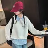 Nueva Sudadera de Otoño e Invierno para Niñas Estilo Universitario Cuello Polo, Moda Coreana Rayas Patchwork Falso Dos Piezas Top de Manga Larga