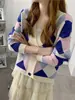 Suéter de punto con patrón de rombos estilo coreano para mujer, estilo casual y relajado, cárdigan de punto de cuello V con bloques de color de moda, nueva colección de otoño para mujer
