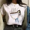 Camiseta feminina de manga curta 2023 estampa taça de vinho manga curta estação independente tamanho europeu para garota cheinha blusa básica gola redonda