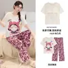 Comércio Exterior Transfronteiriço Pijama Feminino de Verão Fino com Bojo, Manga Curta e Calça Longa, Gola Redonda, Aspecto de Algodão, Pode Ser Usado Fora de Casa, Conjunto para Casa