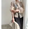 Pronta Entrega Blusa de Organza Moda Retrô Francesa! Cardigã Crisp para Usar por Cima Estilo Solto Simples e Fashion