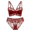 Francês sexy ultra-fino renda cueca vermelho ano de nascimento sutiã anel de aço empurrar para cima apoio superior terno de anel de aço macio