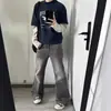 Lapela com Zíper Moda Lavado Preto Cinza Micro Lapela Jeans Masculino Primavera Outono Cor Sólida Adolescente regular Longo
