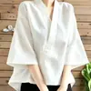Nova Camisa Estilo Chinês Gola V Cruzada para Mulheres, Verão Zen Solta Manga Três Quartos Elegante Roupa para Cerimônia do Chá Top Hanfu