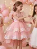 Vestido de Moda Transfronterizo de Falda Corta Delantera y Larga Trasera, Vestido Largo de Malla para Niña de Flores de Comercio Exterior, Vestido Formal Infantil de Lentejuelas Rosas