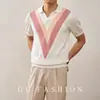 Camiseta de Punto de Manga Corta de Verano Nueva para Hombre con Triángulo Rayado, Cuello en V, Ajustada, Camiseta de Negocios, Comercio Exterior, Venta al por Mayor Transfronteriza