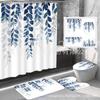 Cortina de ducha digital con diseño de flores y plantas transfronterizas, impermeable, de poliéster, para baño, juego de cuatro piezas, con separación seca y húmeda, resistente a la humedad y al moho.