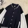 Chaqueta de Béisbol para Hombre de Primavera y Otoño, Manga Larga de Corte Holgado, Estilo Americano Versátil, Abotonada, Cuello Alto de Contraste de Color, Top Casual de Moda