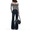 Jeans Americano Wide Leg Flare de Cintura Baixa, Cor Azul Escuro Cinza, Novo para Outono/Inverno 2026, Modelagem Solta e Emagrecedora, Transfronteiriço