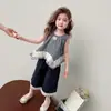 Conjunto Feminino 2026 Novo Estilo Moda Coreana Infantil Menina Colete Xadrez de Renda Conjunto de Duas Peças Roupas de Verão Infantis