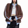 Sudadera de bloque de color para primavera y otoño con mangas raglán para mujer, corte holgado, marca de moda, cárdigan con cremallera, cuello alto, top casual versátil de manga larga