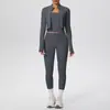 Chaqueta Corta Casual de Tacto Desnudo con Espalda Cruzada, Ropa de Yoga, Leggings de Cintura Alta Levanta Glúteos, Conjunto Deportivo de Tres Piezas