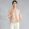 Artesanato Bordado Crepe Jacquard 22mm Seda Pura de Amora Blusa de Seda da Moda com Manga Sino Três Quartos