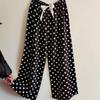 Calças de pijama de seda de algodão Calças femininas de verão fino preto e branco estilo cartoon calças de perna larga tamanho grande solto exterior vestindo calças de praia de comércio exterior