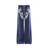 Calça de moletom niche estilo casual americano com estampa de asa e estrela em blocos de cor, calça de moletom azul solta e fluida, calça de dança jazz