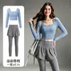 Conjunto Profissional de Fitness e Yoga para Mulheres, Gola Quadrada, Cropped, Manga Longa, Falso Conjunto de Duas Peças, Conjunto de Duas Peças para Treino de Corrida para Mulheres, Outono