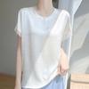 25 Años Nuevo Estilo Verano Francés Satén Cuello Redondo Manga Corta Camiseta para Mujer Color Puro Plisado Holgado Jersey Camisa Base Top