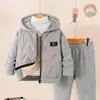 Conjunto Exclusivo Transfronteiriço de 2 Peças para Meninos: Jaqueta Cinza com Capuz de Verão, Blusa de Manga Longa e Calça com Elástico na Cintura na Mesma Cor