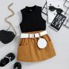Traje para Niña Estilo Europeo y Americano Amazon Verano para Niños ins de Moda Color Sólido Raya de Canalé Chaleco Bolsita de Cintura Falda Traje