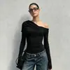 Top europeo y americano de estilo transfronterizo, sin hombros, manga larga, fruncido retorcido, ajustado, elástico, para chica atractiva, camiseta base adelgazante para mujer