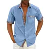 2024 Comercio Exterior Transfronterizo Verano para Hombre Camisa de Color Sólido Manga Corta Cuello Puños Color de Contraste Botón de Moda Camisa