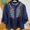Liquidação*** Camisa de Algodão e Linho Bordada de Manga Média para Mulheres Verão Temperamento Artístico Fina Gola Redonda Top