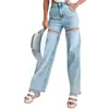 Jeans Longo Feminino Moda Outono 2026 Europeu e Americano Novo Design Versátil Rasgado com Pedrarias Reto Wide Leg