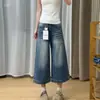 Jeans cropped largo estilo retrô americano para mulheres, fino de verão, cintura alta, novo estilo, calças retas soltas de comprimento médio