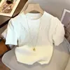 Camiseta de Tricô Manga Curta Gola Redonda Ponto Pit Romboide Fio Cardado Camiseta Base Feminina Primavera 2025 Nova Doce