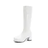 Novas botas femininas de cano alto estilo europeu e americano, emagrecedoras e versáteis, botas longas de salto alto em couro envernizado, botas longas de salto grosso em couro roxo brilhante