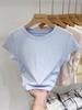 Camiseta de manga corta de seda brillante con cintura ajustada y perforación en caliente para mujer, estilo americano, 2024, top básico ajustado con hombros descubiertos y combinación perfecta.