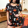 Nuevos pijamas europeos y americanos de Halloween para mujer, conjunto de shorts de manga corta con estampado de calabaza y fantasma, ropa para fiesta y hogar