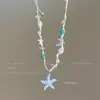 Colar de Pérolas Coloridas com Conchas e Estrelas Dopamina de Verão para Mulheres, Corrente Doce para Clavícula com Design de Nicho para Férias na Praia